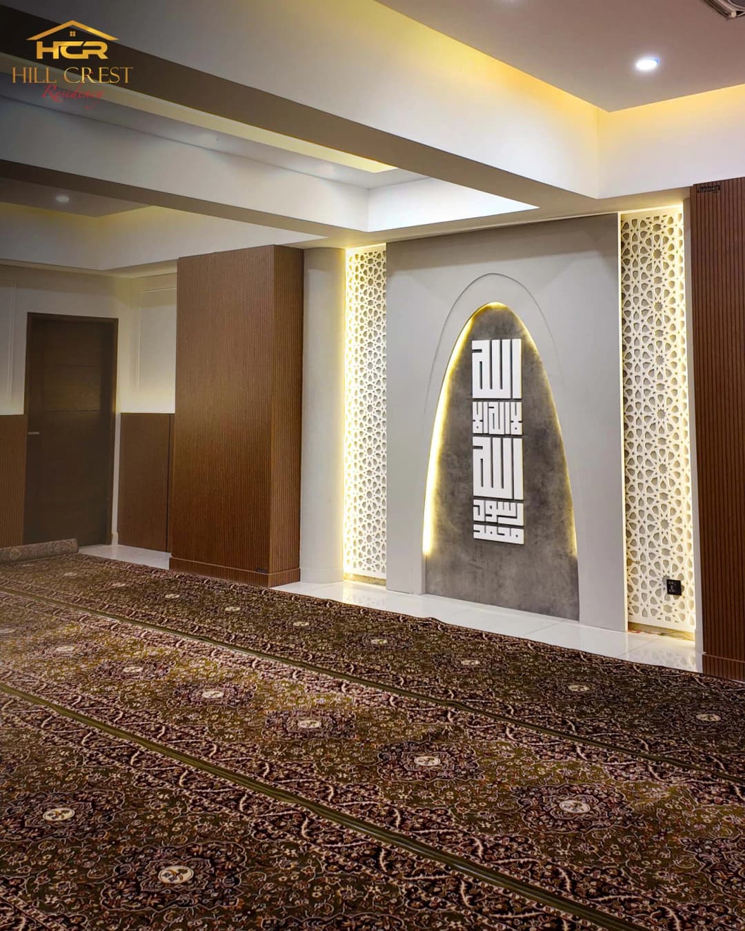 Hill Crest Residency in-house prayer area and mosque with qibla wall and luxury finishes